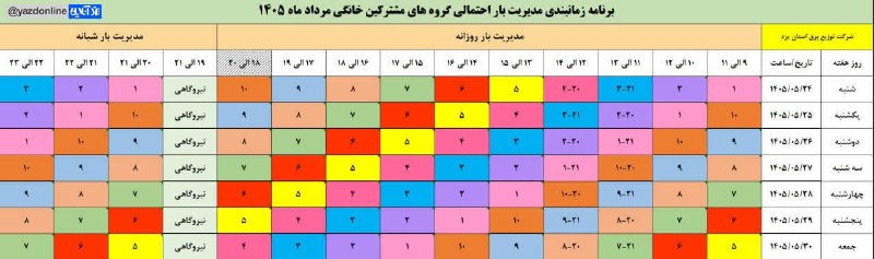 یزد من: برنامه قطعی برق دوشنبه ۲۶ مردادماه👇🔸ساعت ۹ تا ۱۱ = گروه ۹🔸ساعت ۱۰ تا ۱۲ = گروه ۱۰🔸ساعت ۱۱ تا ۱۳ = گروه ۱ و ۲۱🔸ساعت ۱۲ تا