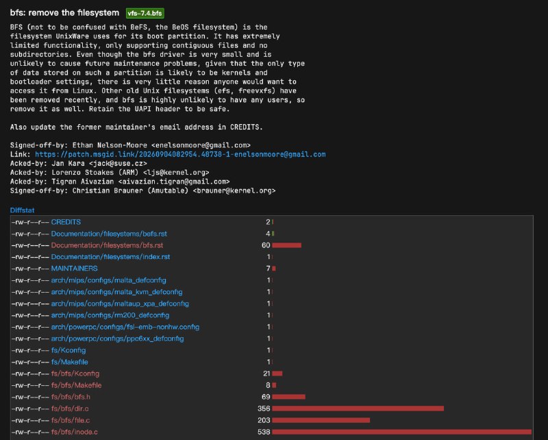 BFS Filesystem for Linux 现已从 Linux 7.4 内核 (VFS) 中移除src: 