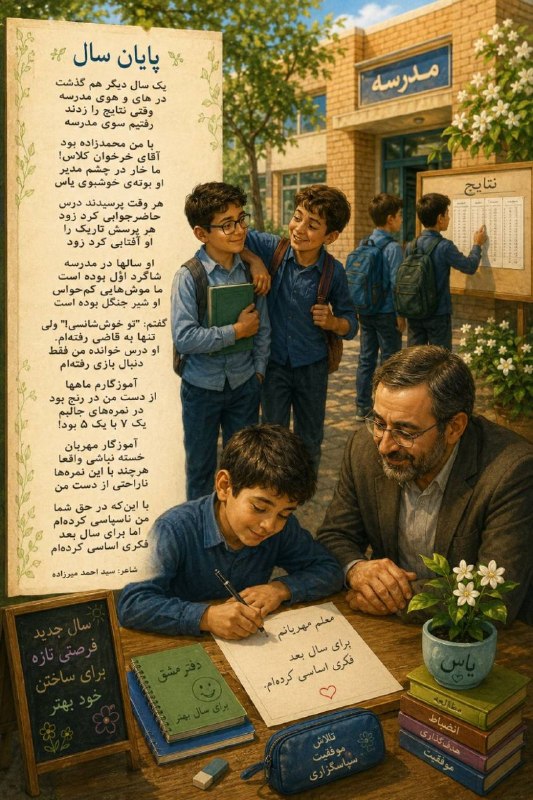 سید احمد میرزاده: پایان سالیک سال دیگر هم گذشت در های و هوی مدرسهوقتی نتایج را زدندرفتیم سوی مدرسهبا من محمّدزاده بودآقای خرخوان کلاس!ما خ