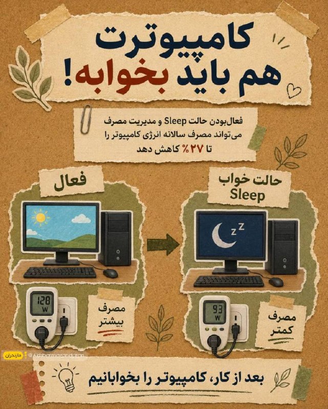 اخبار مازندران: ♦️کامپیوتر همیشه لازم نیست روشن بماند.فعالکردن حالت Sleep و مدیریت مصرف انرژی، یک عادت ساده است که میتواند بدون دردسر،