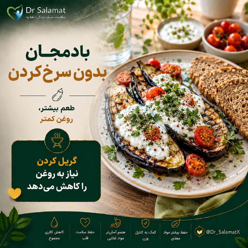 🌹 شبنم 🌹: 🍆 بادمجان کبابی؛ خوش‌طعم بدون روغن زیاد🟣 بادمجان را به‌جای سرخ کردن، روی گریل یا در فر بپزید و با ماست، سیر و سبزیجات تا