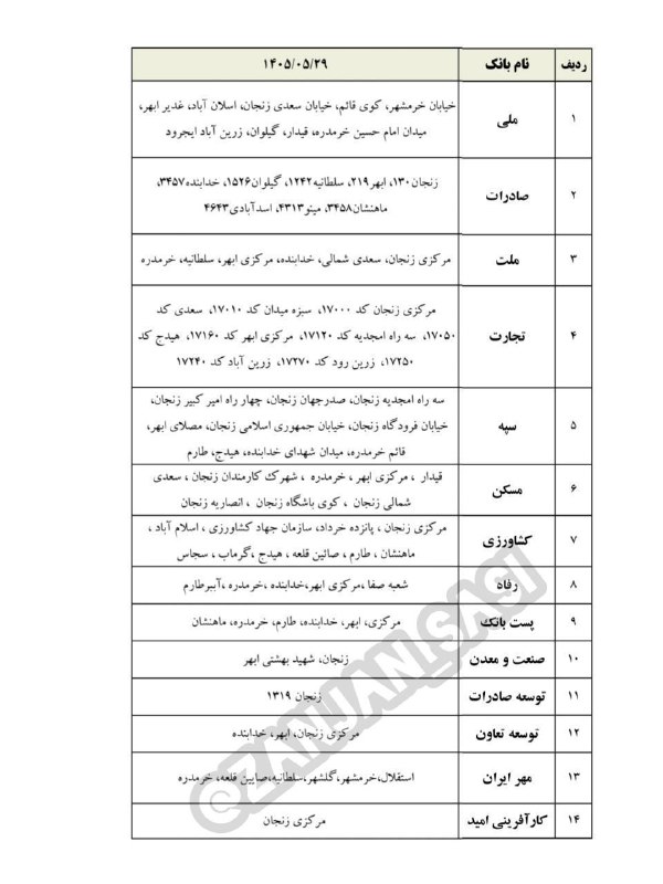 💚نظرقلی آنلاین💚: 🏦 لیست شعب کشیک بانک ها در استان زنجانپنجشنبه ۲۹ مردادبانک ها پنجشنبه از ساعت ۷:۳۰ تا ساعت ۱۲:۳۰ باز هستند.🍃🌺 @nazargoly