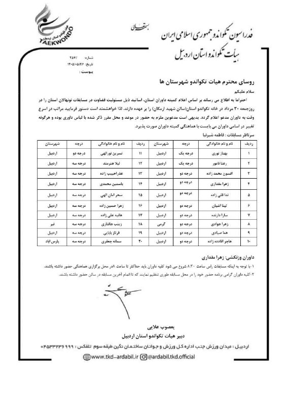 اخبار تکواندو استان اردبیل: #کمیته_داوران 🔹داوران مدعو جهت قضاوت در مسابقات نونهالان رده کمربند سبز و آبی دختران استان جمعه 30 مرداد ماه#روابط_عمومی