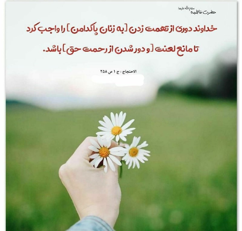 حدیث نگار: حضرت فاطمه سلام‌الله‌علیها می‌فرمایند: ✨خداوند دوری از تهمت زدن (به زنان پاکدامن) را واجب کرد تا مانع لعنت (و دور شدن از