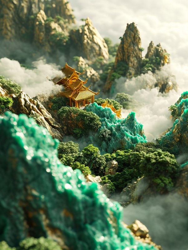 🧪Midjourney V6 每天都能给我新惊喜，一个玉石雕刻的国风场景，由于细节很丰富，看起来真的像工艺品