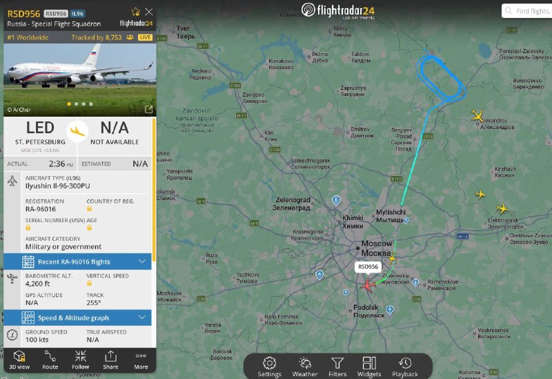 According to reports, Putin and his delegation cannot land at Moscow airports due to the threat of drones and air defense activity after returning from Turkmenistan. At least 4 Russian squadron planes were forced to hold patterns, with Venukovo diverted and flights headed to St. Petersburg instead.