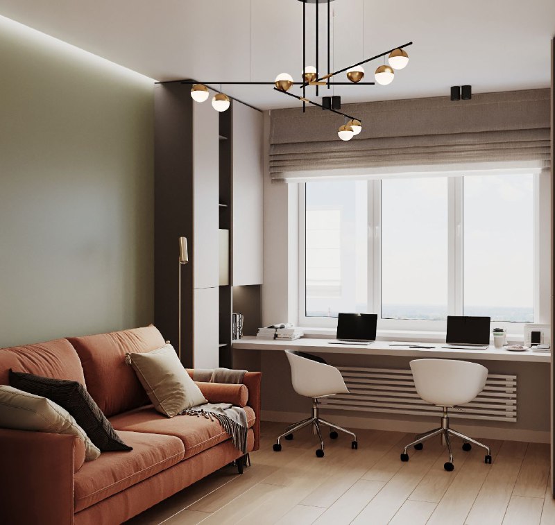 Две детские 14,9 и 14, 1 кв.м комнаты и кабинет 14,3 кв.м из проекта домвсочи 1 - лаконичная и уютная мягкий мятный диван кровать и тёплая деревянн... - изображение 9 - кабинет, планировка, telegram