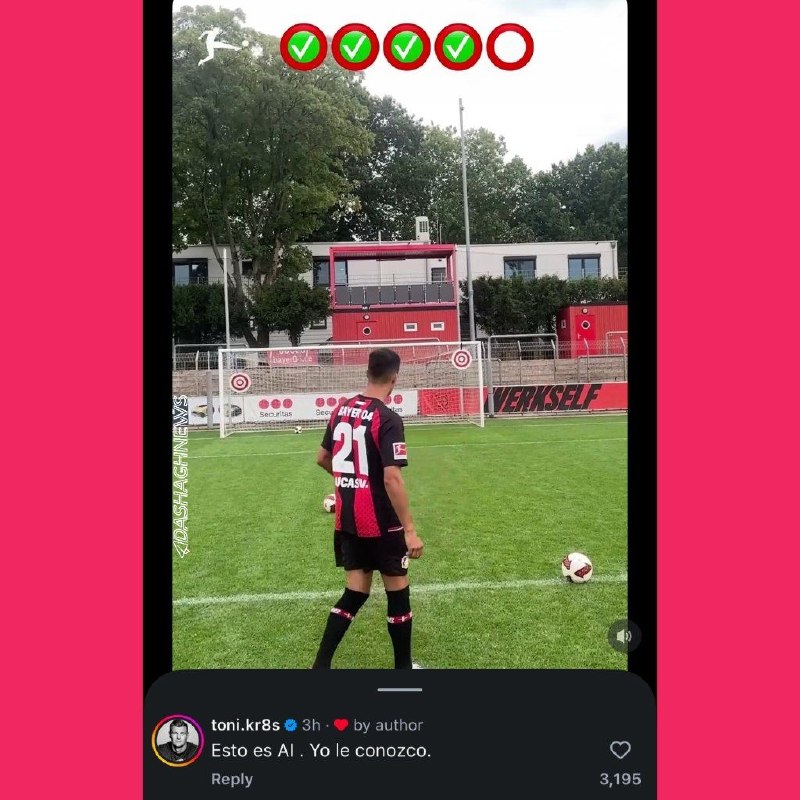 ⚽️Dashagh News⚽️: پیج بوندس یه ویدئو از لوکاس واسکز گذاشته که ۴ تا ضربه متوالی رو به هدف میزنه ، کروس کامنت گذاشته که هوش مصنوعیه این کسخل