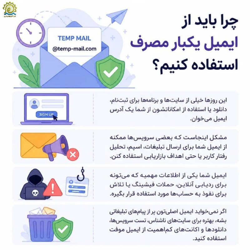 کانال خبری شیز/تکاب: 🔴چرا باید از ایمیل یکبار مصرف استفاده کنیم؟#اینفوگرافیک#ایمیل_یکبارمصرف🚩نهضت سواد رسانهای انقلاب اسلامی (نسرا) آذربایج