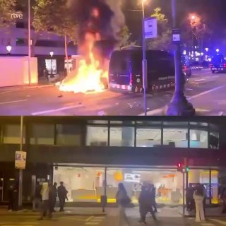 עצרת ספונטנית במרכז ברצלונה התדרדרה במהירות לעימותים עם המשטרה וביזה של חנויות. זלוי הוכחה טלגרם זלוי הוכחה…