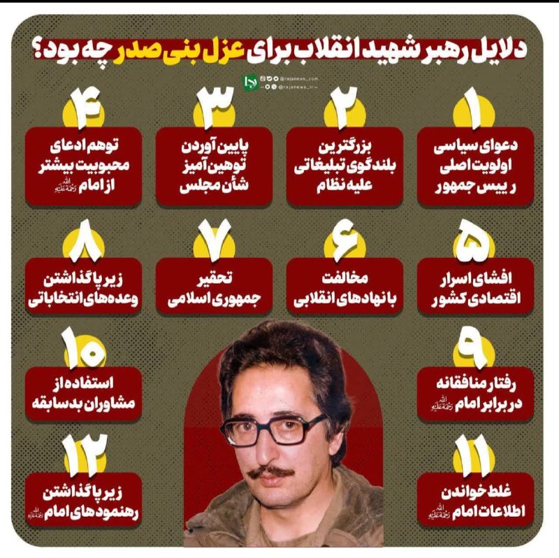هفته نامه ٩ دی: 🔰اینفوگرافی || دلایل رهبر شهید انقلاب برای عزل بنی‌صدر چه بود؟🇮🇷 هفته‌نامه «۹ دی» را به دوستانتان معرفی کنید: 🇮🇷 http://