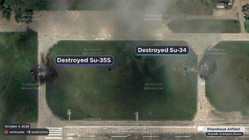 The results of the attack on the Khanskaya airport in Adygea by the Security Service of Ukraine on the night of October 4. A Su-34 fighter-bomber and a Su-35S fighter were destroyed.