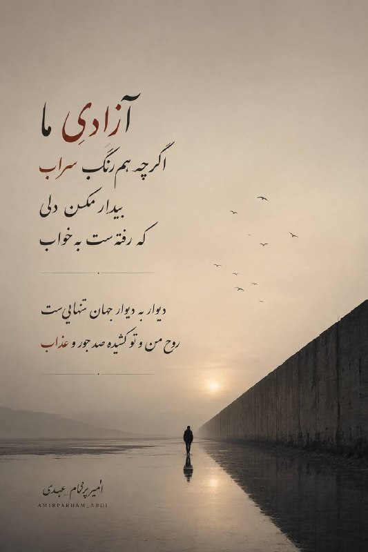 Amirparham.a: آزادیِ ما اگرچه همرنگِ سراببیدار مکن دلی که رفتهست به خوابدیوار به دیوارِ جهان تنهاییستروحِ من و تو کشیده صد جور و عذ