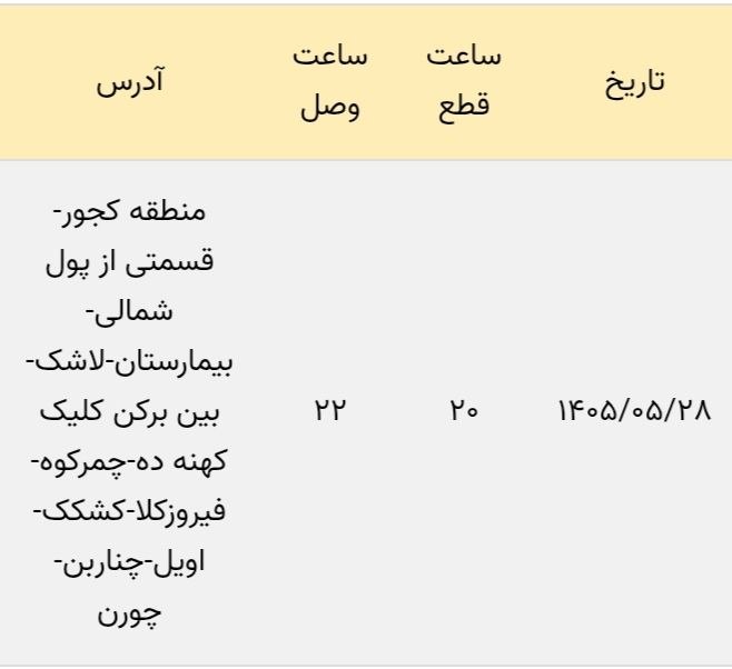 🇮🇷 شهروند کـــجــور 🇮🇷: برنامه خاموشی (احتمالی) برق منطقه کجور چهار شنبه ۱۴۰۵/۰۵/۲۸🆑 @kojour_shahrvand