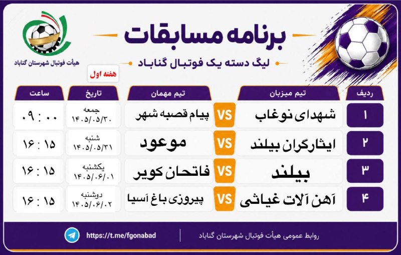 اخبار عصر گناباد: برنامه هفته اول لیگ دسته اول فوتبال شهرستان گنابادروابط عمومی اداره ورزش وجوانان شهرستان گناباد