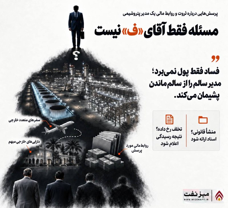 میز نفت: 👇👇 پرونده آقای «ف» فقط به سفرهای متعدد خارجی، دارایی‌های منتسب و روابط مالی او محدود نمی‌شود. سؤال اصلی این است که یک کا