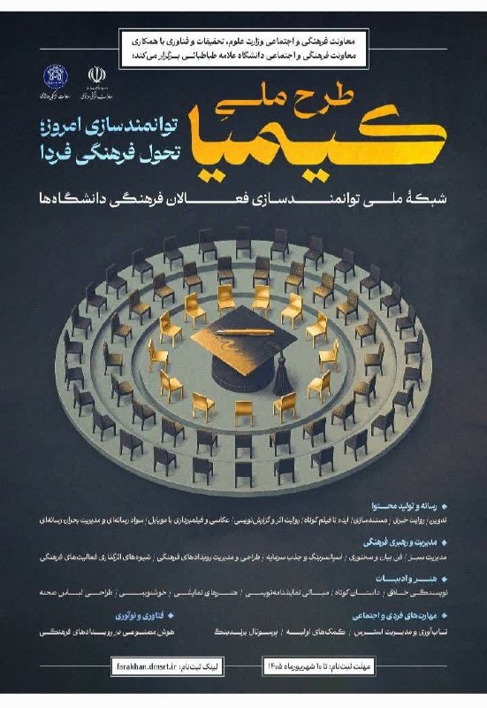 پایگاه اطلاع رسانی مدیریت فرهنگی و فعالیتهای داوطلبانه دانشگاه فردوسی مشهد: 🎓 پیشثبتنام «کیمیا» آغاز شدمعاونت فرهنگی و اجتماعی وزارت علوم، تحقیقات و فناوری با همکاری معاونت فرهنگی و اجتماعی دانش