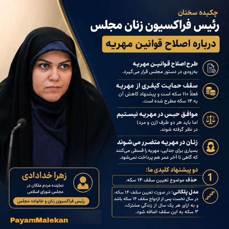 مبارک شهر نیوز: مهریه؛ اصلاح قانون یا کاهش حمایت از زنان؟زهرا خدادادی رئیس فراکسیون زنان مجلس و نماینده مردم ملکان، درباره طرح اصلاح برخ