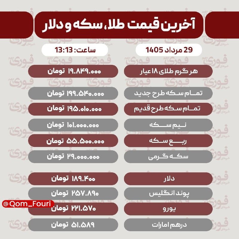 اخبار فوری قم 🌐: آخرین قیمت طلا، سکه و ارز پنجشنبه ۲۹ مرداد✅ @Qom_Fouri