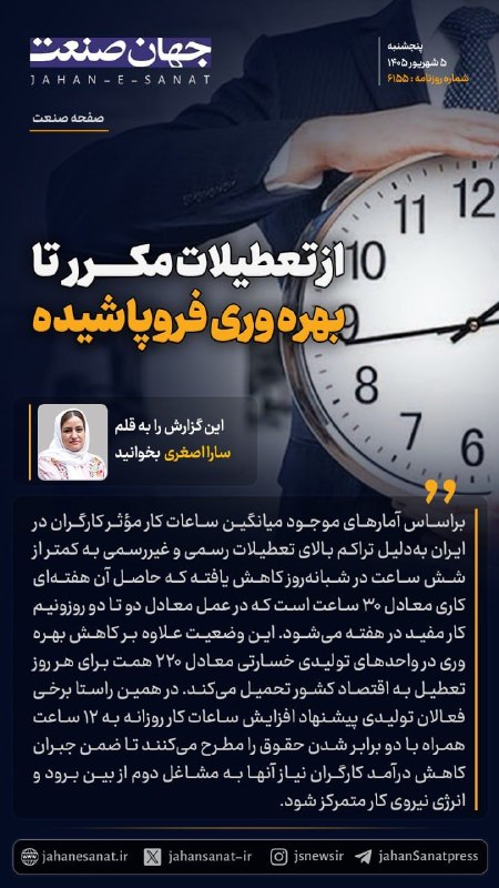 روزنامه جهانصنعت: 🟦از تعطیلات مکرر تا بهره وری فروپاشیده#جهان_صنعت گزارش میدهد؛بر اساس آمارهای موجود میانگین ساعات کار مؤثر کارگران در ای