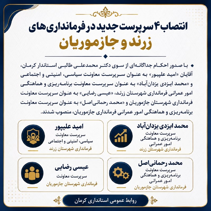 راه آرمان کرمان: 🔻انتصابات جدید استانداری را با هم نظاره‌گر باشیم....ارتباط باادمین👇📧 @armane_kerman_IR🆔 @armanekerman1