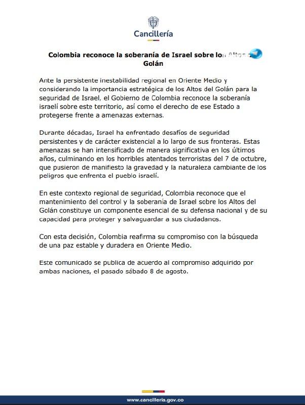 🇮🇱 A great step for Colombia. Colombia reconoce la soberanía de Israel sobre los Altos del Golán. - Canci…