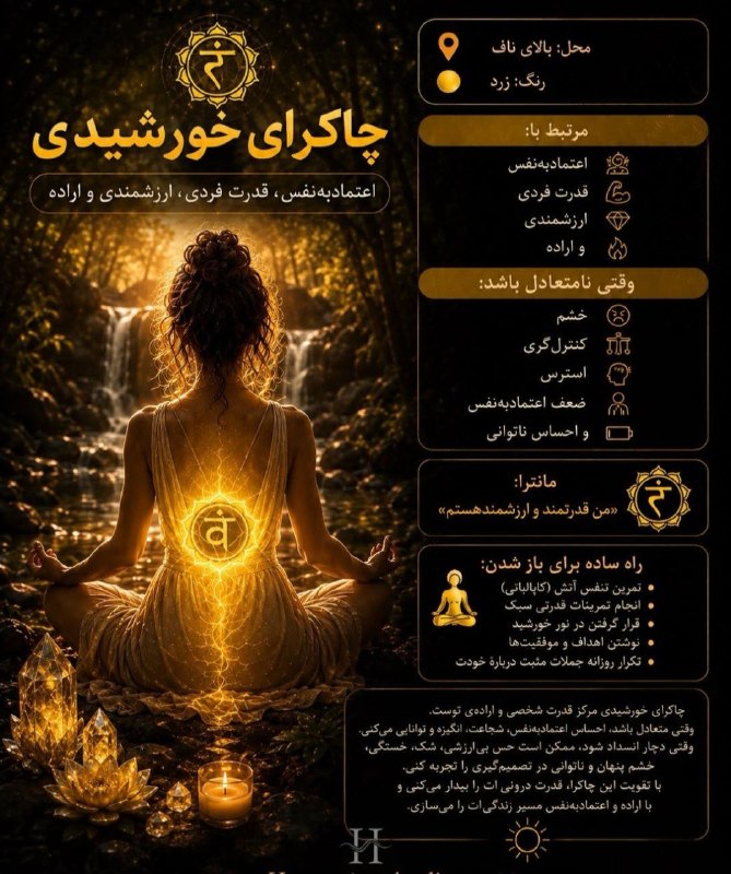 مدیتیشن ،وویس ،مراقبه: ☀️ چاکرای خورشیدی (Solar Plexus Chakra) یا چاکرای سوم، مرکز قدرت شخصی، اعتمادبهنفس، اراده و عزتنفس ماست.در صورت اختلال