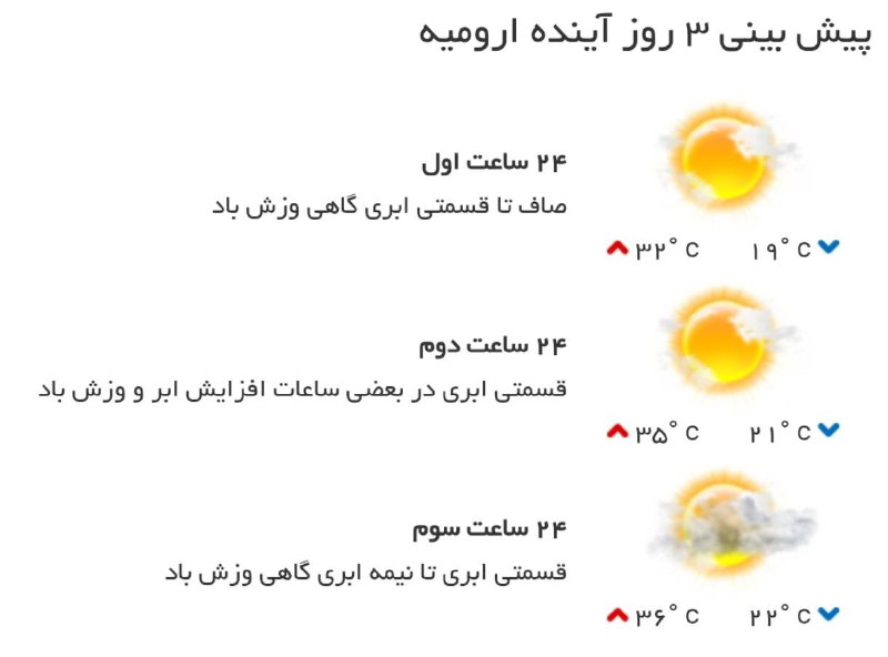 اخبار آذربایجان غربی: ♦️ پیش‌بینی وضع آب و هوای سه روز آینده مرکز استان‌🔹 ۲۴ ساعت اول (۱۴۰۵/۰۵/۳۱)🔹 ۲۴ ساعت دوم (۱۴۰۵/۰۶/۰۱)🔹 ۲۴ ساعت سوم (۱۴۰