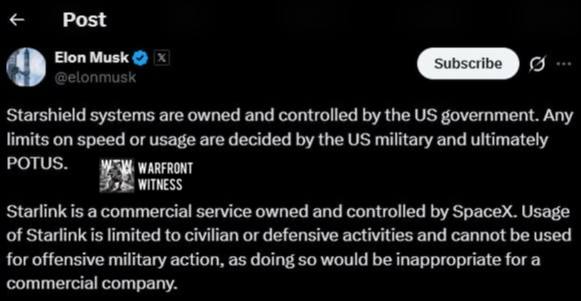 ️🇺🇸🇺🇦 אילון מאסק אומר שסטארשילד נשלטת על ידי ממשלת ארה"ב, בעוד שסטארלינק הוא שירות מסחרי שלא ניתן להשתמש בו לפעולות צבאיות התקפיות.