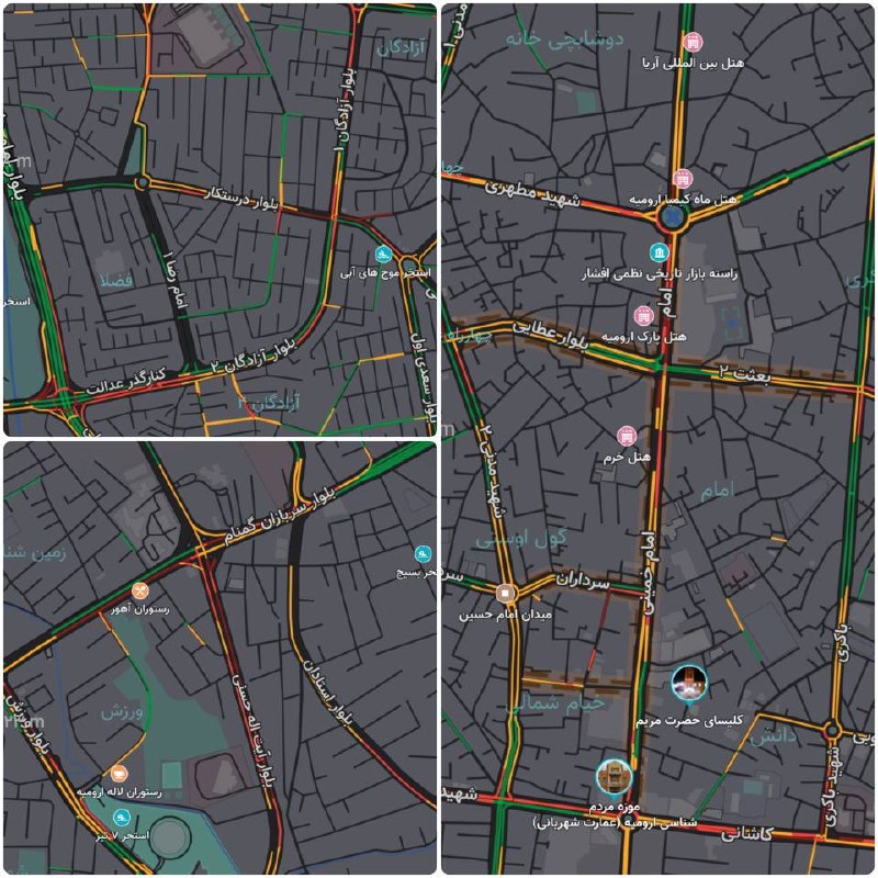 اخبار آذربایجان غربی: ♦️وضعیت ترافیکی ارومیه هم اکنون🚦🔹ترافیک سنگین در بلوار آزادگان،ایت الله حسنی،کاشانی،استادان🔹 ترافیک نیمه سنگین در شهید م