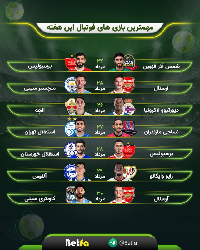 betfa بت فا: 🟡 مهمترین مسابقات فوتبال این هفته⚪️ هیجان را با بت فا تجربه کنید📱 اپلیکیشن اختصاصی💸 شارژ و برداشت سريع وجه🟡 برای هر شارژ