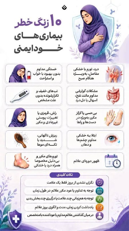 دانشگاه علوم پزشکی اردبیل: ⭕️ ۱۰ زنگ خطر بیماریهای خودایمنی🔸 شناخت علائم و توجه به الگوی آنها میتواند به تشخیص بهموقع و شروع درمان مناسب کمک کن
