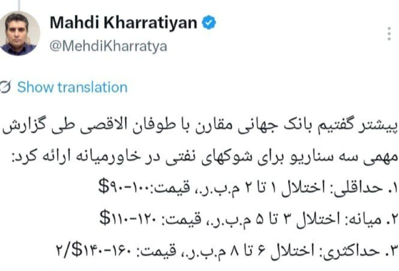 تحلیل زمانه: یادش بخیر خراتیان استراتژیست قبیله متوهم ها گفته بود اگه ۶میلیون بشکه نفت خاورمیانه مختل شه قیمتش۱۶۰ دلار میشهحالا نفت ۱