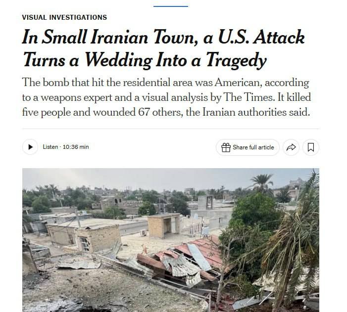 🇺🇸🇮🇷🚨ניו יורק טיימס: לפי מומחה לנשק וניתוח תמונה של טיימס, הפצצה שפגעה באזור המגורים הייתה אמריקאית.