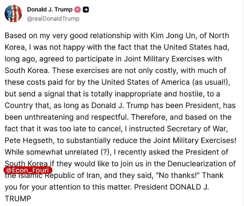 خبرهای مهم و فوری🔖: 🔻ترامپ: کرهجنوبی حاضر نشد در خلع سلاح هستهای ایران به ما بپیوندد▪️با توجه به رابطه بسیار خوبی که با کیم جونگاون، رهبر