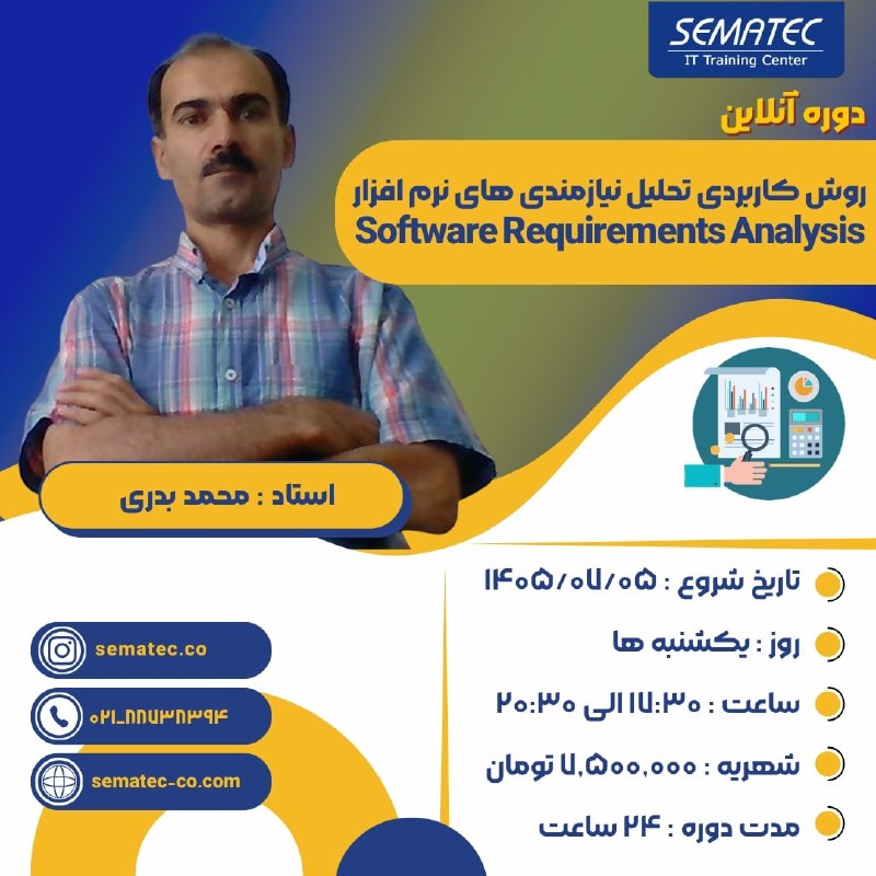 SEMATEC: 💢دوره آنلاین روش کاربردی تحلیل نیازمندی های نرم افزار Software Requirements Analysis 🍁شروع از 5 مهر⏱️روزهای یکشنبه ساعت