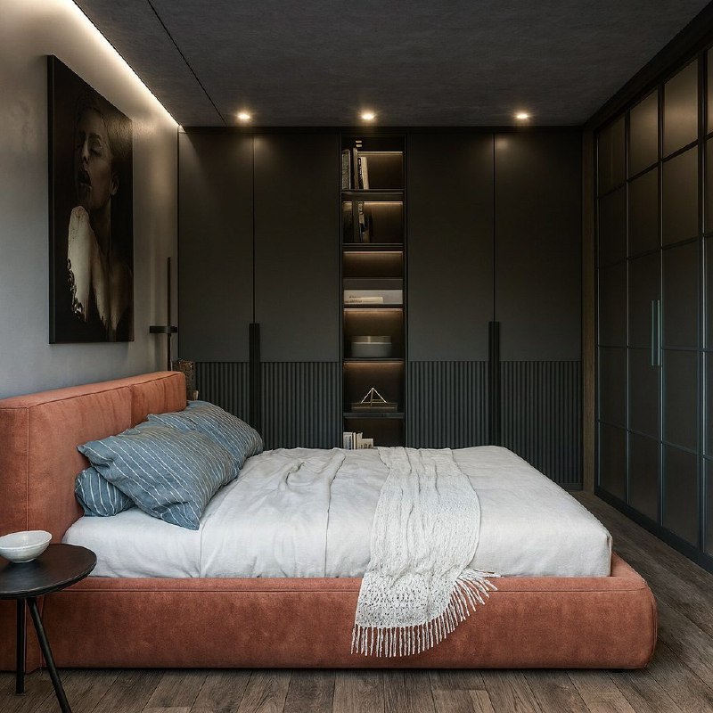 Спальня 14 квадратов - бетонный потолок и серый интерьер, где серый работает фоном, бетон честно остаётся бетоном, яркая кровать собирает всю комна... - изображение 2 - серый, спальня, квадратов