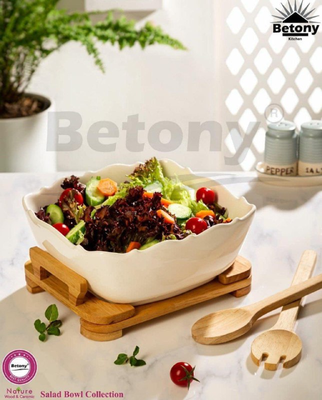 Betony shop 55183773 (میرزاحسین)تولید و پخش: کاسه سالاد مربع موج زیر چوب Betonyابعاد ۲۳ در ۲۳ سانت، ارتفاع ۱۳کارتن ۶ عددیدارای قاشق و چنگال چوبیدارای جعبه تکقابل است