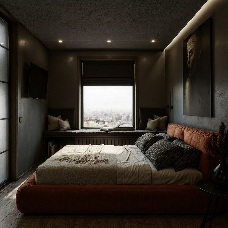 Спальня 14 квадратов - бетонный потолок и серый интерьер, где серый работает фоном, бетон честно остаётся бетоном, яркая кровать собирает всю комна... - изображение 5 - серый, спальня, квадратов