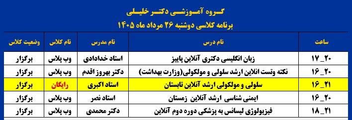 گروه آموزشي تألیفی دكتر خليلي (شيراز): 🟧لینک ورود به کلاسهای رایگان 🟧🟦 📆 دوشنبه 26 مرداد ماه 1405 🔰 لینک کلاس سلولی و مولکولی ارشد آنلاین تابستان استاد اکبری س