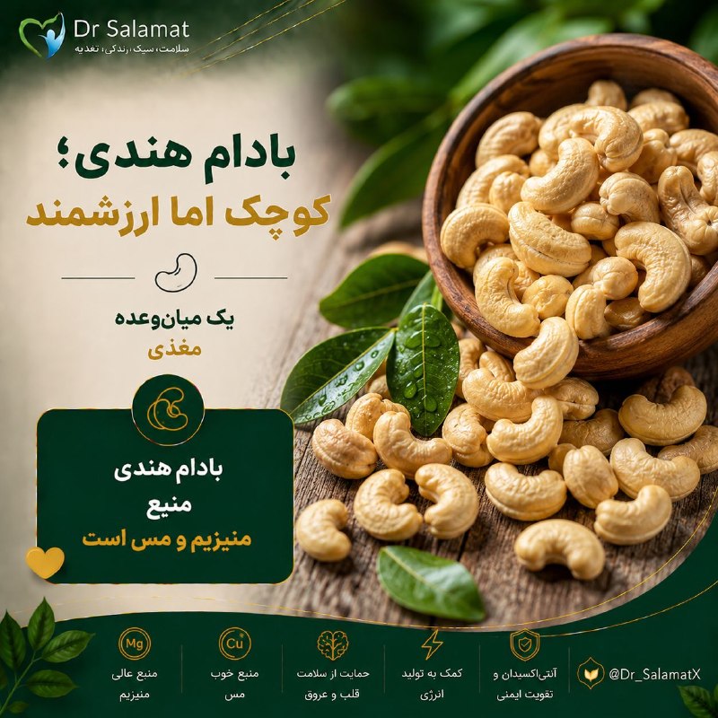 کلینیک طب سنتی دکتر صفرعلیزاده: بادام هندی؛ خوشطعم و مغذیبادام هندی منبعی از منیزیم، مس و چربیهای غیراشباع است. مصرف متعادل آن بهعنوان میانوعده یا د