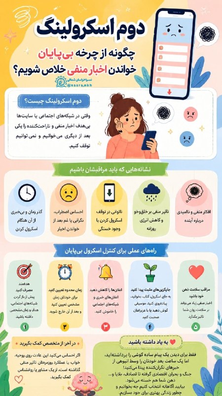 نسرا خراسان شمالی: 📍 چگونه از چرخه بی پایان خواندن اخبار منفی خلاص شویم؟🎨طراح: زهرا رجبی ثانی #پوستر#نسرا_جاجرم🔰با ما همراه باشید ... 📖 نهض