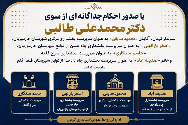 راه آرمان کرمان: 🔻انتصابات جدید استانداری کرمان را با هم نظاره‌گر باشیمارتباط باادمین👇📧 @armanekerman1🆔 @armanekerman_ir