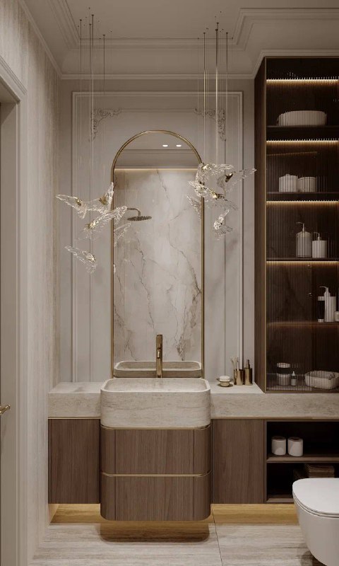 Ванная комната квартиры в ЖК Full House Раковина из цельного травертина, за ванной крупноформатный керамогранит, аккуратные встроенные ниши с подсв... - изображение 1 - ванная, комната, квартиры