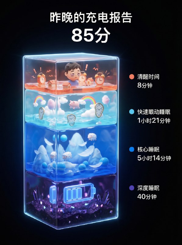 Nana Banana Pro 提示词，这个超好玩！可爱的睡眠报告海报（Sleep Report Poster）将提示词和睡眠数据截图发给 Nana Banana 就行，Q 版小人和每层高度会根据你的数据变化