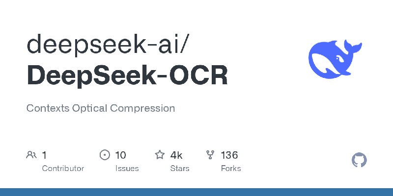GitHub - deepseek-ai/DeepSeek-OCR: Contexts Optical CompressionDeepSeek的论文每篇都是精品，R1养活了一批研究强化学习的人，OCR这篇意味CV研究员的春天到来了