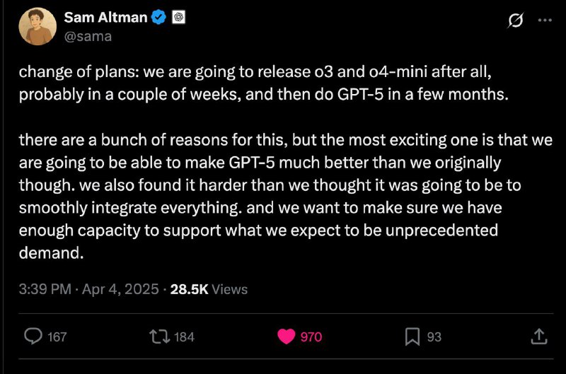 Наныли: o3 таки выпустят, и даже... o4-mini! (🥺 вот бы ещё o3 pro...)К другим новостям: GPT-5 всё ещё на горизонте нескольких месяцев, хоть компания и «сможет сделать её даже лучше, чем изначально предполагали»А ещё на OpenRouter появилась загадочная модель, выдающая 130 токенов в секунду (быстрая), говорящая, что она от OpenAI и поддерживающая миллион токенов контекста. Уж не o4-mini ли это?