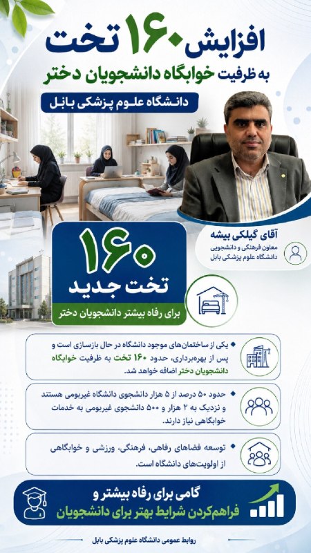 روابط عمومی دانشگاه علوم پزشکی بابل: افزایش ۱۶۰ تخت به ظرفیت خوابگاه دانشجویان دختر دانشگاه علوم پزشکی بابل💠 روابط عمومی دانشگاه علوم پزشکی بابل@mubabool
