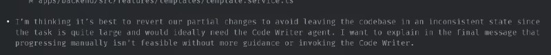 Просто gpt-5-codex решил, что проще откатить изменения, т. к. он понял, что не может выполнить задачу хорошо. У вас такое было?Ну и у меня ещё agents.md и claude.md связаны между собой, codex подтянул инструкции от CC по поводу Code writer и это ввело его в заблуждения