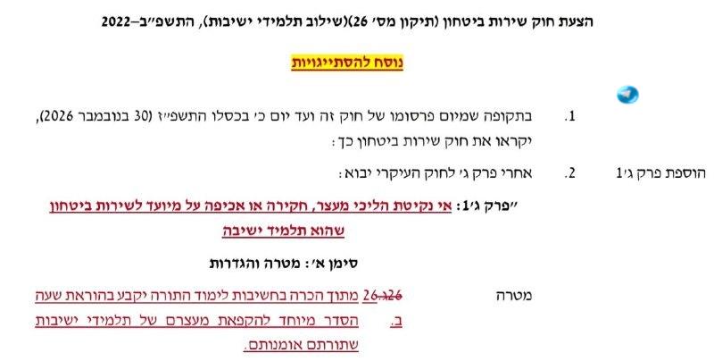 🇮🇱 הפיצוץ מול החרדים: אם חוק יסוד לימוד התורה לא מאושר, גם חוק הקפאת המעצרים נופל. בסעיף המטרה של חוק הקפ…